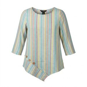 Ali Miles Womens SMALL Linen Blend Asymmetrical Stripe Button Tunic Top Blue